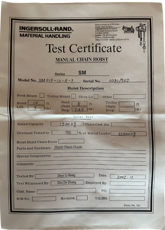 Paranco a catena manuale con gancio robusto Portata 1500kg L 3m Ingersoll Rand