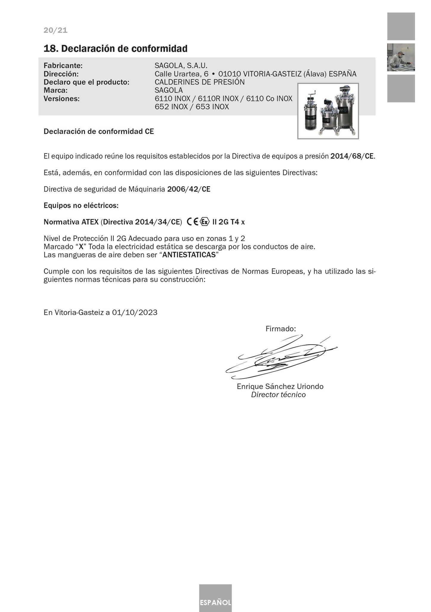 Serbatoio a Pressione Industriale 6110 Inox Articolo 10540701 Sagola