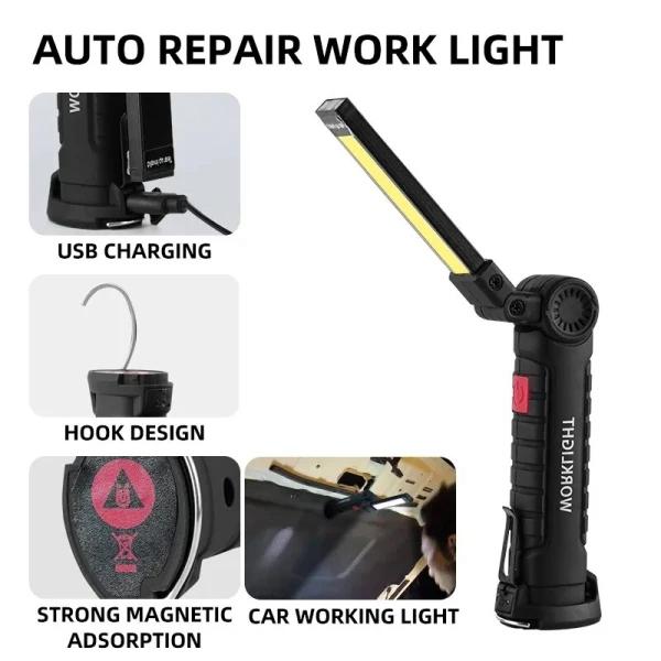 Multifunctional pocket-sized COB LED torch for work, rechargeable, magnetic and for camping